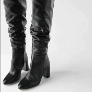 Zara Womens Black Leather High Heel Boots Tall 8